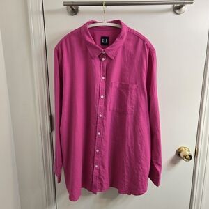 GAP Linen Blend Button Down Top Long Sleeve Shirt, Pink, Size XL